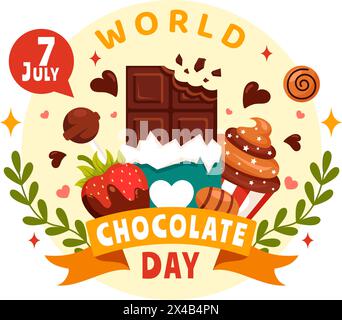 Celebrazione della giornata mondiale del cioccolato illustrazione vettoriale il 7 luglio con cioccolatini fusi e torta in Flat Cartoon background Design Illustrazione Vettoriale