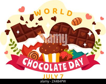 Celebrazione della giornata mondiale del cioccolato illustrazione vettoriale il 7 luglio con cioccolatini fusi e torta in Flat Cartoon background Design Illustrazione Vettoriale