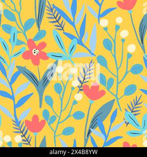 Motivo senza cuciture con elementi floreali a forma di doodle. Illustrazione vettoriale. Illustrazione Vettoriale