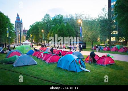 Manchester, Regno Unito. 1° maggio 2024. Le tende sono erette fuori dall'Università di Manchester durante il rally. Le proteste e gli accampamenti studenteschi sono in corso a livello nazionale presso le università in solidarietà per la guerra a Gaza dopo scene violente nei campus degli Stati Uniti. Credito: SOPA Images Limited/Alamy Live News Foto Stock