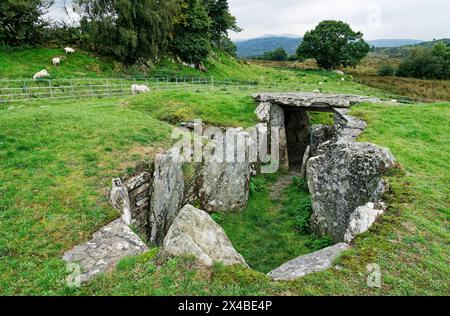 Camera funeraria neolitica di Capel Garmon in stile Severn-Cotswold. Guardando attraverso le camere centrali dall'estremità del tumulo con corna orientale. Conwy, Galles Foto Stock