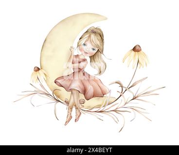 Ballerina bionda ragazza con un abito rosa e stivaletti si siede sulla luna. Illustrazione disegnata a mano su sfondo bianco isolato. Ragazza sognatrice e.. Foto Stock