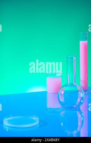 Telaio verticale con concetto di laboratorio per il prodotto pubblicitario. Matraccio bollente, provetta per analisi, becher e piastra Petri riempiti con liquido rosa decorato su g. Foto Stock