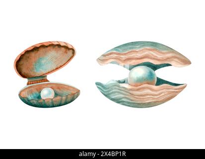 Perle in conchiglie di mare aperto, set di illustrazioni ad acquerello. Cozze di perle d'acqua dolce disegnate a mano in arancione e blu verde Foto Stock