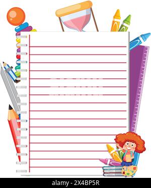 Materiale scolastico colorato intorno a un notebook vuoto. Illustrazione Vettoriale