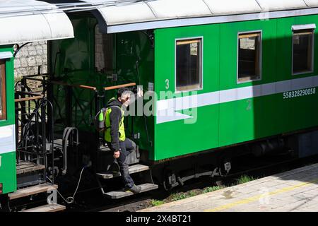 Treno Sila, treno turistico, stazione ferroviaria Camigliatello Silano, Calabria, Italia Foto Stock