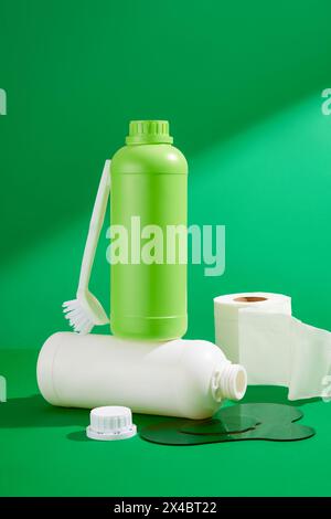 Un set di diversi flaconi di detergenti, pennelli e rotoli di carta decorati su sfondo verde. Vista frontale, mockup per la confezione di design. Il concetto di c Foto Stock