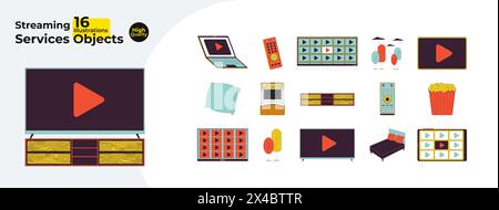 Piattaforma di streaming che guarda il pacchetto di oggetti di cartoni animati lineari 2D. Illustrazione Vettoriale