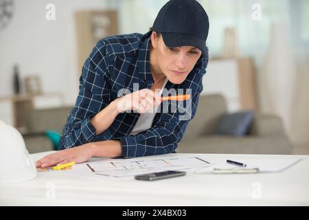 ingegnere donna che legge una mappa Foto Stock