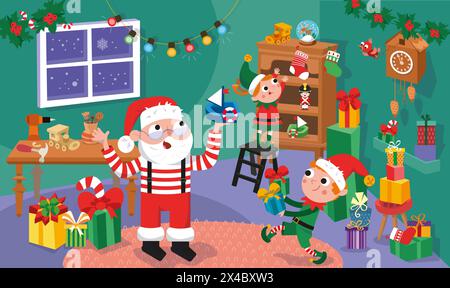 Il carino Babbo Natale e l'Elfo fanno regali per i bambini. Laboratorio di Babbo Natale con mobili. Vacanze natalizie invernali. Illustrazione di un cartone animato vettoriale. Illustrazione Vettoriale