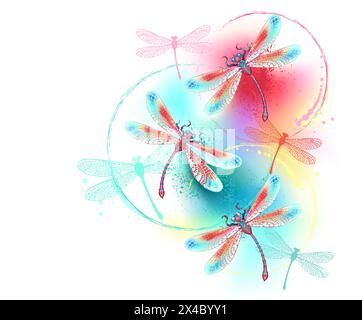 Sciame di rosso, disegnato artisticamente, dettagliate libellule su sfondo dipinte con vernice ad acquerello rossa, blu e verde. Dragonfly rossa. Estate des Illustrazione Vettoriale