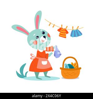 Graziosi vestiti per bambini con coniglietto piatto e stilizzati. Cartoon isolato divertente per il design. Illustrazione vettoriale. Illustrazione Vettoriale