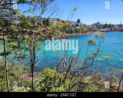 Vista del mare da Shelly Beach, a Sydney, in Australia, in una giornata di sole, con una vista tra gli alberi che formano una cornice, e il mare blu, le rocce e ho Foto Stock