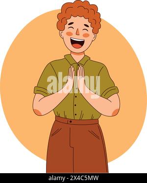 Un giovane esprime gioia ed eccitazione genuina, le sue emozioni sono eccitate e felici Illustrazione Vettoriale