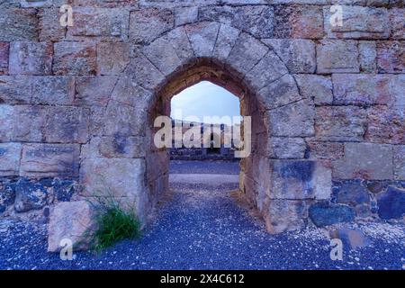 Vista al tramonto delle rovine della fortezza crociata di Belvoir (Kochav HaYarden, Jordan Star), ora parco nazionale, e del paesaggio della Valle del Giordano. I del nord Foto Stock