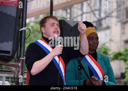 Parigi, Francia. 1° maggio 2024. Louis Boyard e Rachel Keke crediti: Abaca Press/Alamy Live News Foto Stock