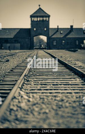 Polonia, Oswiecim, Auschwitz-Birkenau. Ingresso principale della ferrovia. Foto Stock