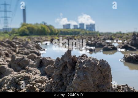 "Drax Power Station, Camblesforth, North Yorkshire, Inghilterra- aprile 30il 2024: Campi allagati vicino alla centrale elettrica" Foto Stock