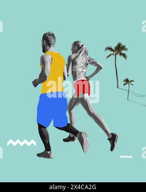 Atletica giovane uomo e donna con corpo muscoloso che corre la mattina per mantenere il corpo in buona forma. Collage d'arte contemporanea. Foto Stock