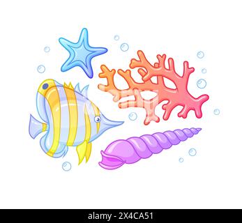 Pesce tropicale con stelle marine, conchiglia e corallo. Illustrazione vettoriale isolata. Illustrazione Vettoriale