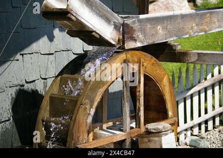 Acqua fresca fredda e limpida che scorre su una ruota ad acqua di legno alla luce del sole. Foto Stock