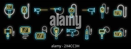 Le icone dell'endoscopio impostano il vettore del contorno. Gastrico digestivo. Esame gastro colore neon su nero Illustrazione Vettoriale