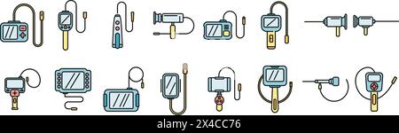 Le icone dell'endoscopio impostano il vettore del contorno. Gastrico digestivo. Gastro esame con linea sottile, colore piatto su bianco Illustrazione Vettoriale