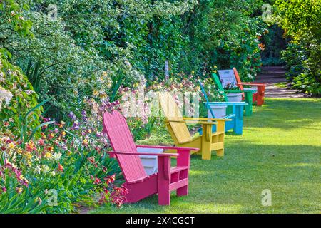USA, Oregon, Salem. Sedie colorate nel giardino dei giardini d'Iris di Schreiner Foto Stock