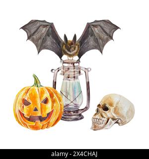 Pipistrello, zucca, lampada, cranio umano. Illustrazione ad acquerello disegnata a mano isolata su sfondo bianco. Per biglietti di Halloween, inviti, banner, poster, Foto Stock