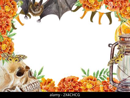 Cornice di Halloween con teschio, lampada, fiori di calendula, zucca, mazza. Illustrazione ad acquerello disegnata a mano isolata su sfondo bianco. Per Day of the Dead Foto Stock