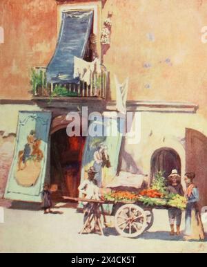 SCENA DI STRADA, LA MARINA, NAPOLI la frutta e la verdura della città sono vendute quasi interamente su carrelli a mano per le strade dal libro ' Napoli ' DIPINTO DA AUGUSTINE FITZGERALD DESCRITTO DA SYBIL FITZGERALD PUBBLICATO DA ADAM & CHARLES BLACK LONDON nel 1904 Foto Stock