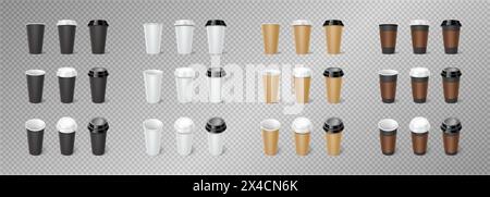 Coppe di carta vuote con coperchi set di illustrazioni vettoriali realistiche 3D. Contenitori per lo smaltimento di bevande calde. Caffè su sfondo trasparente Illustrazione Vettoriale