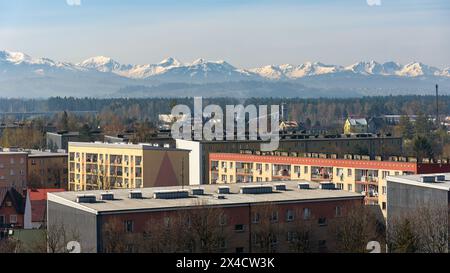 Vista panoramica dei tetti di Nowy Targ con montagne Tatra innevate sullo sfondo Foto Stock