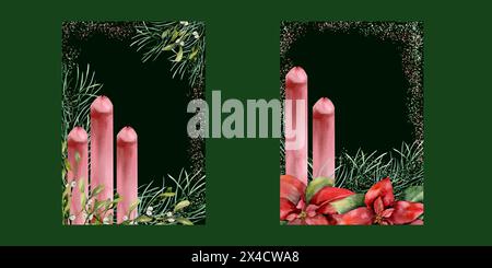 Set di modelli per biglietti natalizi con due cornici ad acquerello. Candele rosse trafilate a mano con balli di pino, omela e poinsettia rossa con fiori a ventosa Foto Stock