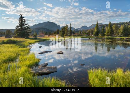 Laghetto subalpino al tramonto. Bridger Wilderness, Wind River Range, Wyoming. Foto Stock