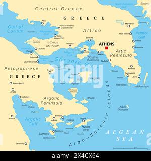 Golfo Argo-Saronico, Golfo Saronico e Argolico di Grecia, mappa politica. Le penisole dell'Attica e dell'Argolide e le isole Argo-Saroniche. Foto Stock