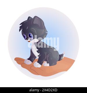 Carino gattino dei cartoni animati seduto sulla mano. Concetto di amore e cura. Immagine vettoriale. Illustrazione Vettoriale