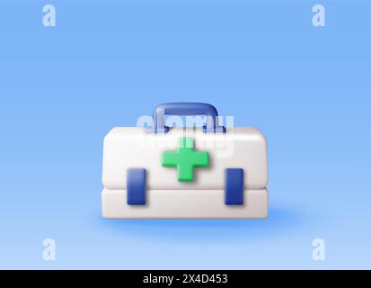 Kit di pronto soccorso 3d con croce verde isolata. Illustrazione Vettoriale