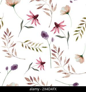 Fiori selvatici, echinacea, boho style, rosa polvere, senza cuciture, motivo, acquerello, dipinto a mano, illustrazione, festa della mamma, tessuto, tessuto, stampa Foto Stock