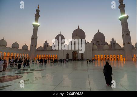 I visitatori si sono schierati alla grande Moschea dello sceicco Zayed al crepuscolo. Abu Dhabi, Emirati Arabi Uniti. Foto Stock