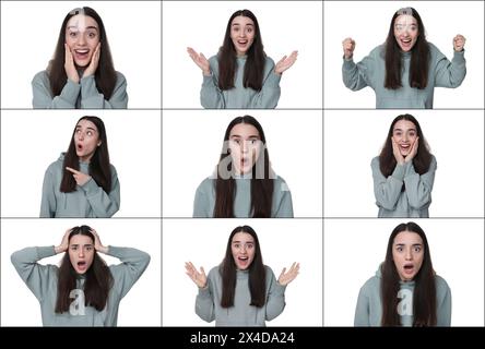 Donna sorpresa su sfondo bianco, collage di foto Foto Stock
