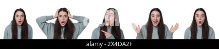 Donna sorpresa su sfondo bianco, collage di foto Foto Stock