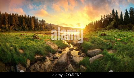 Spettacolare alba su un paesaggio panoramico con nuvole colorate, alberi, praterie e acqua che riflettono la luce dorata del sole Foto Stock