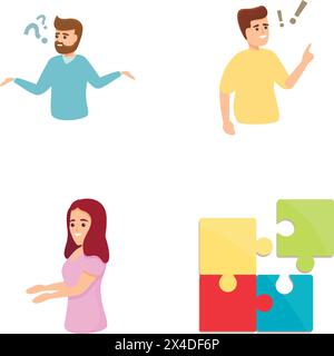 Risoluzione dei problemi icone impostare il vettore dei cartoni animati. La gente pensa e prende decisioni. Concetto di brainstorming Illustrazione Vettoriale