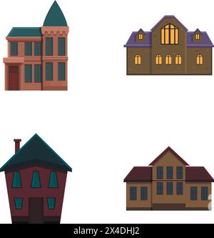Le icone della vecchia casa impostano il vettore dei cartoni animati. Varie abitazioni in cattive condizioni. Tema dell'architettura Illustrazione Vettoriale