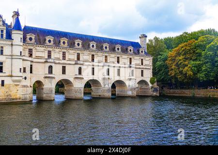 Chateau Chenonceau con il ponte costruito sul fiume Cher da Philibert de l'orme nel 1555. Fu commissionato da Diane de Poitiers. Foto Stock