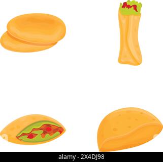 Le icone Pita impostano il vettore dei cartoni animati. Ingrediente per cuocere tortilla, burrito e taco. Fast food Illustrazione Vettoriale