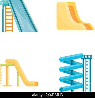 Le icone di scorrimento Aquapark impostano il vettore dei cartoni animati. Vacanze estive nel parco acquatico. Attività ricreative Illustrazione Vettoriale