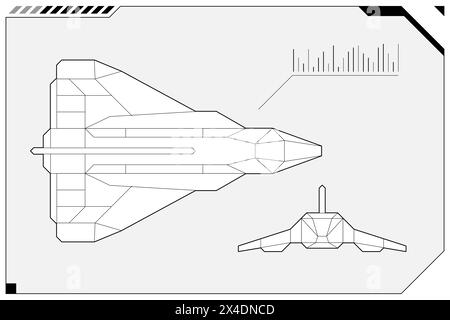 Schema futuristico di navi stellari HUD sul pannello di controllo del cruscotto radar della cabina di pilotaggio del veicolo spaziale. Struttura a reticolo della navicella spaziale sul display FUI head-up. Schermata dell'interfaccia utente del centro comandi. Telaio per navetta digitale hi-tech GUI Sci Fi. EPS Illustrazione Vettoriale