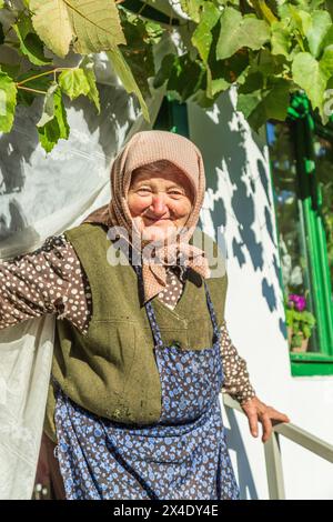Romania, Transilvania, contea di Vrancea, Coltesti. Anziana donna rumena che ritrae la vita del villaggio. (Solo per uso editoriale) Foto Stock